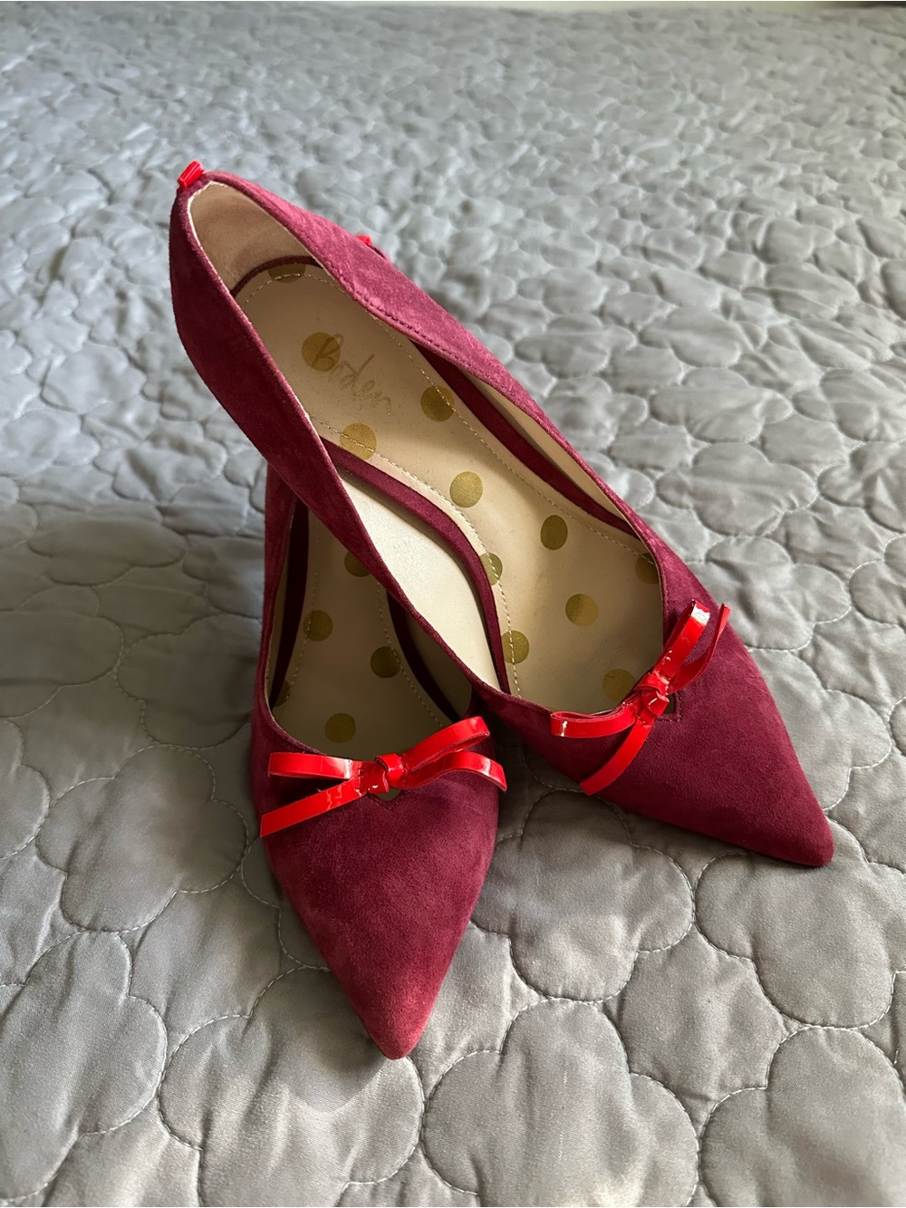 BODEN Pointed Toe Burgundy Suede Pumps with Red Bow